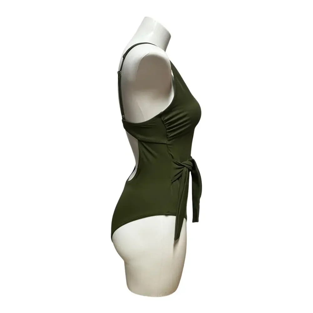 Shade & Shore Plunge Tie-Wrap One-Piece Swimsuit Olive Green Medium
